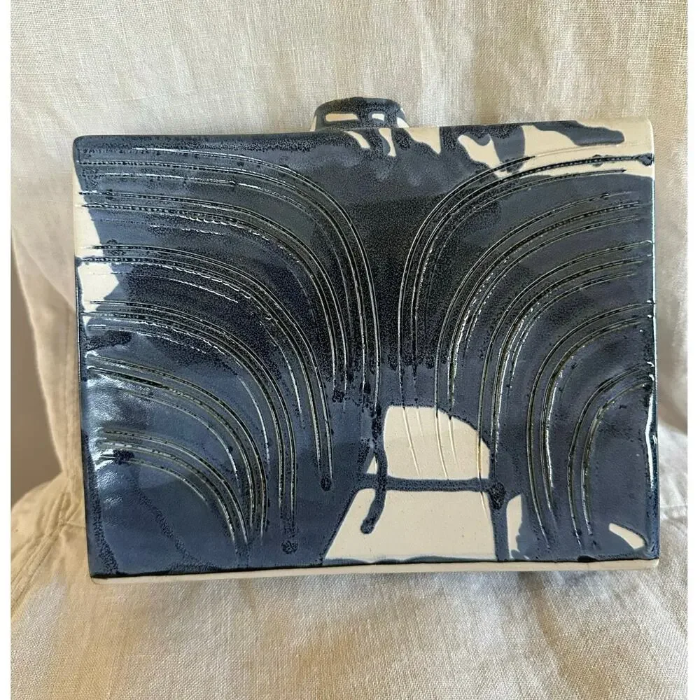 Blue Swirl Vase Rectangle Hand painted signed modern one flower 7x8.5x2.5”Asian